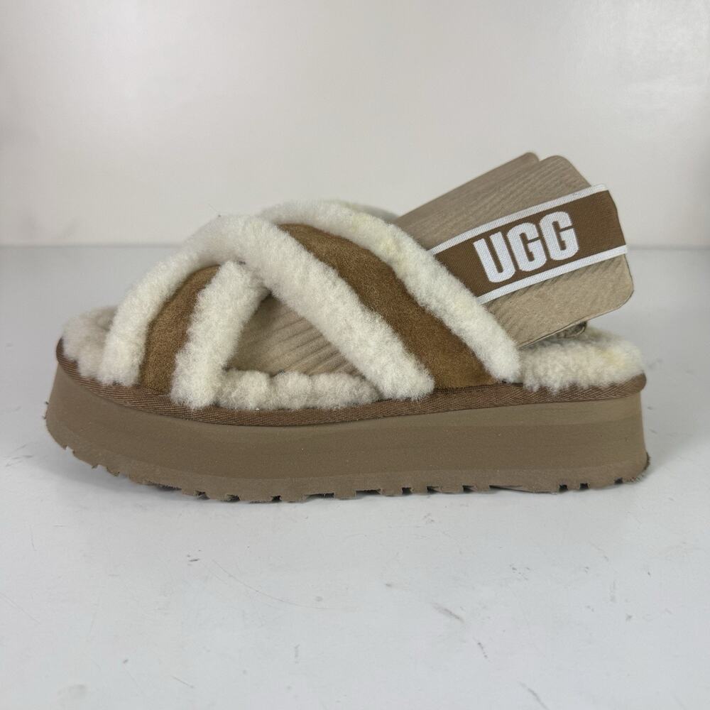 UGG Womens Disco Cross Tan Cream Open Toe Slip On Slide Sandals Size 9